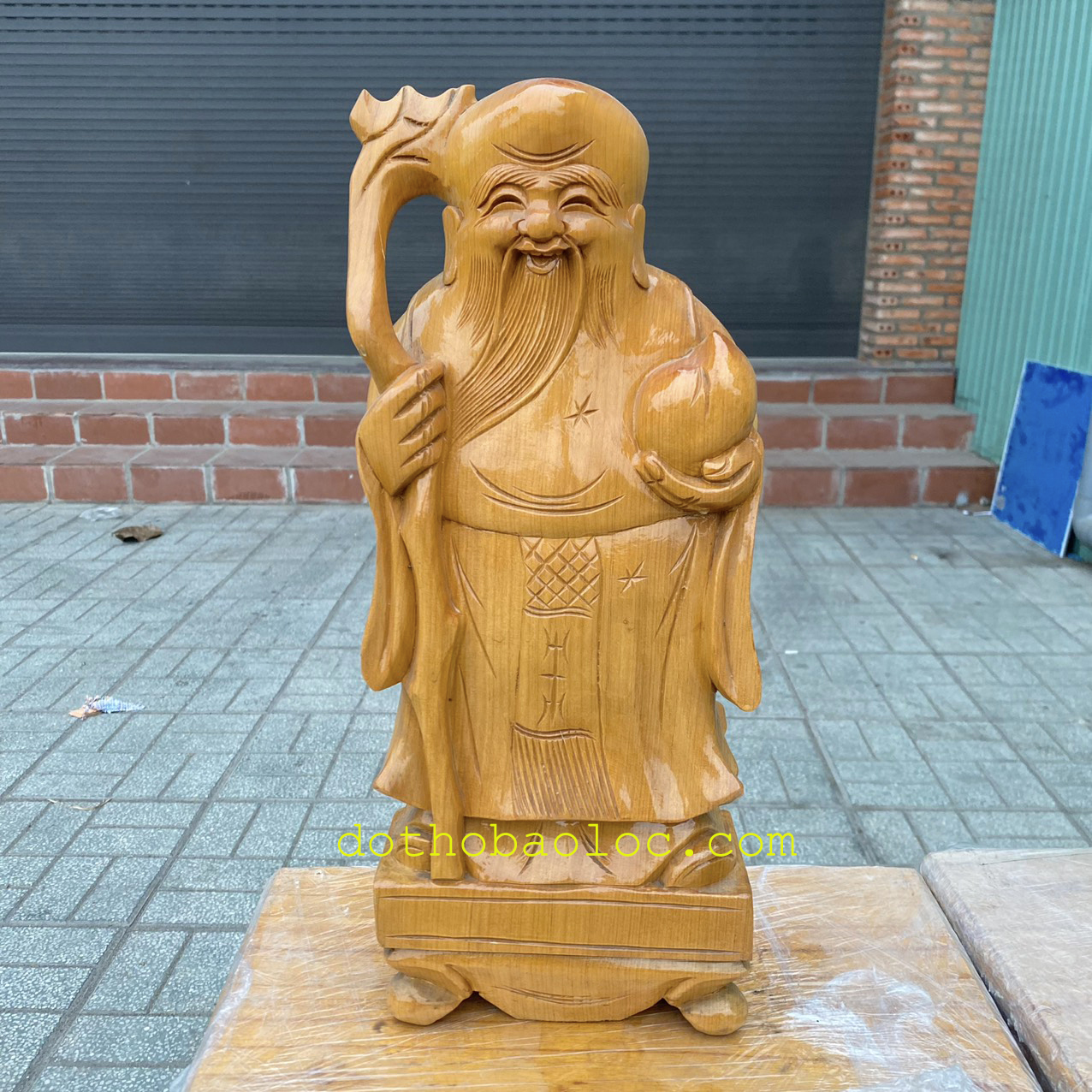 Tượng Phúc Lộc Thọ bằng gỗ Pơmu cầu bình an tài lộc cao 43cm