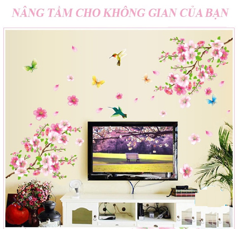 Decal dán tường phong cảnh hoa anh đào căng tràn sức sống