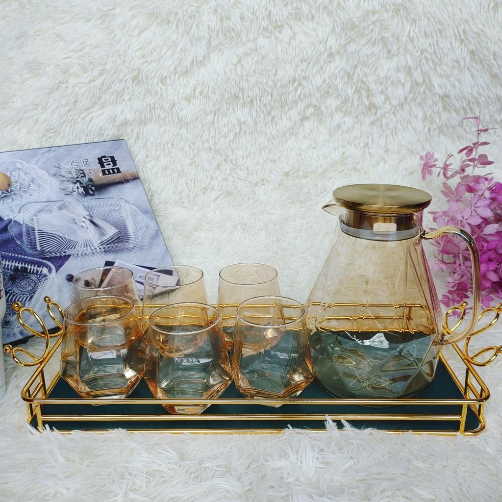 Bộ Bình thủy tinh chịu nhiệt mẫu kim cương tuyệt đẹp và 6 cốc siêu dầy cường lực Màu Vàng sang trọng