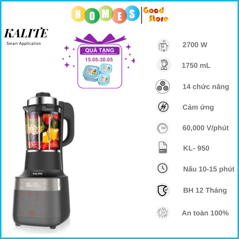 Máy Nấu Sữa Hạt, Máy Làm Sữa Hạt KALITE KL-950 Kiêm Xay Sinh Tố Đa Năng, Gồm 14 Chương Trình Cài Sẵn Dung Tích 1.7 Lít Công Suất 2700 W - Hàng Chính Hãng