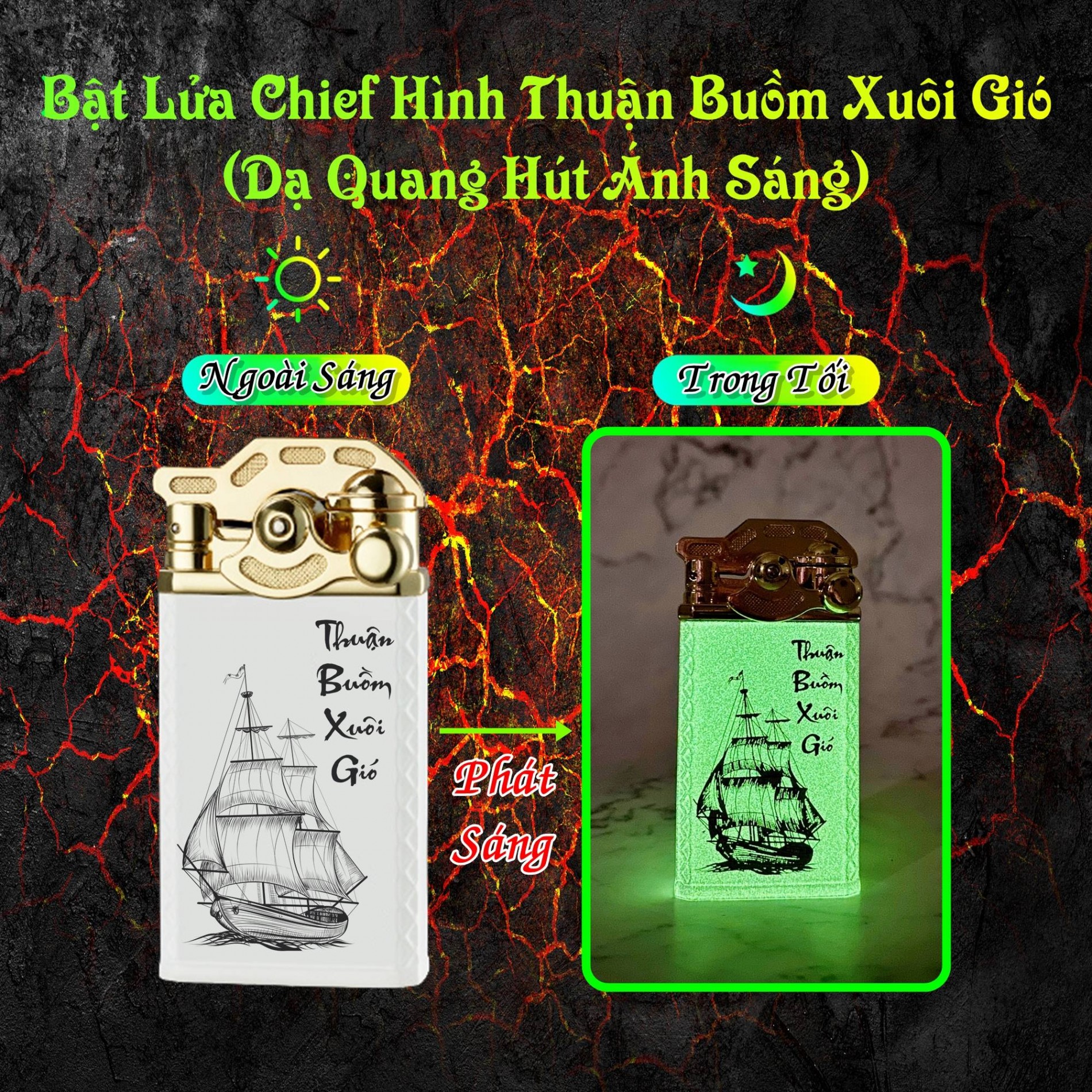 Hộp quẹt bật lửa khè Chief búng tay đánh lửa dạ quang hút ánh sáng hình thuận buồm xuôi gió - (xài gas)