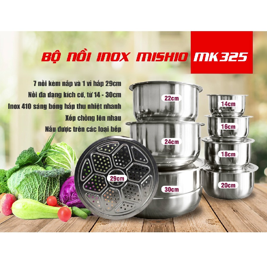 Bộ 07 Nồi Inox Đa Năng Mishio MK 325 (Inox 410) Gồm 7 Nồi + Kèm 01 Xửng Hấp - Sử Dụng Cho Mọi Loại Bếp