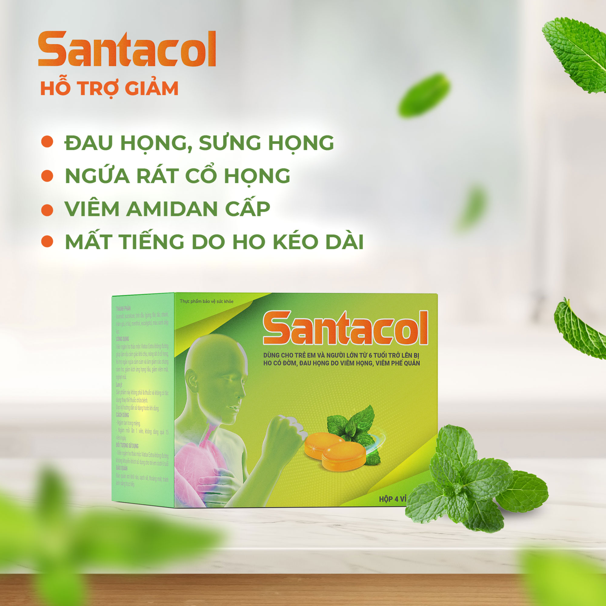 Viên Ngậm Ho Hỗ Trợ Giảm Đờm Giảm Đau Họng Do Viêm Họng & Viêm Phế Quản Santacol Hộp 24 Viên