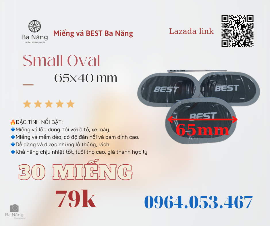 Miếng vá vỏ săm lốp xe máy, ôtô BEST hình Oval - 65x40mm