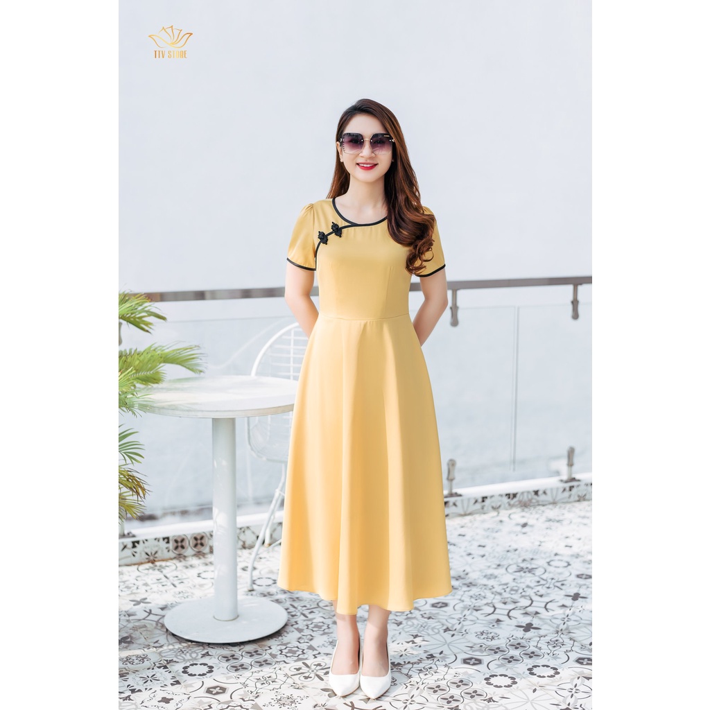 Maxi thời trang trung niên thiết kế Cổ tròn tay ngắn TTV Store TTV1177 Vàng sang trọng
