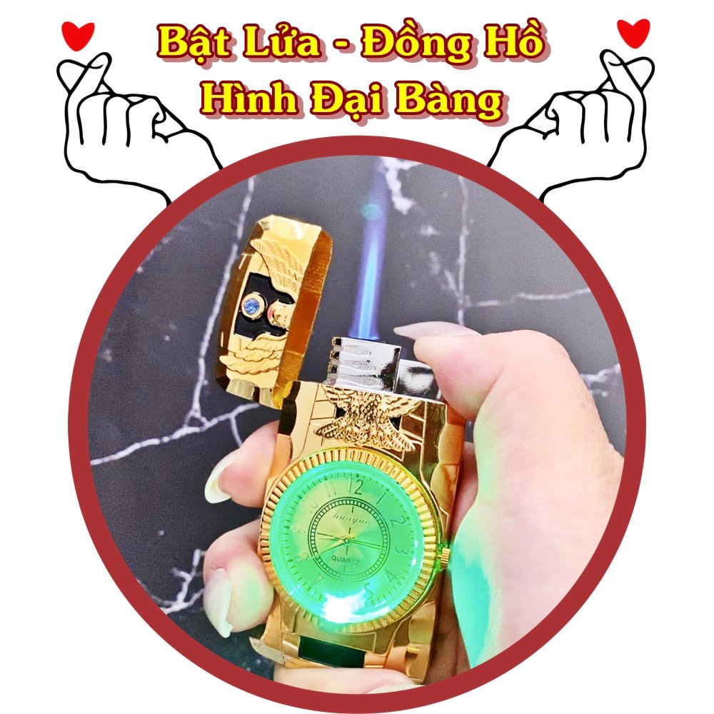 Bật lửa hột quẹt khè đồng hồ 2IN1 hình đại bàng có đèn Led nhấp nháy - xài ga