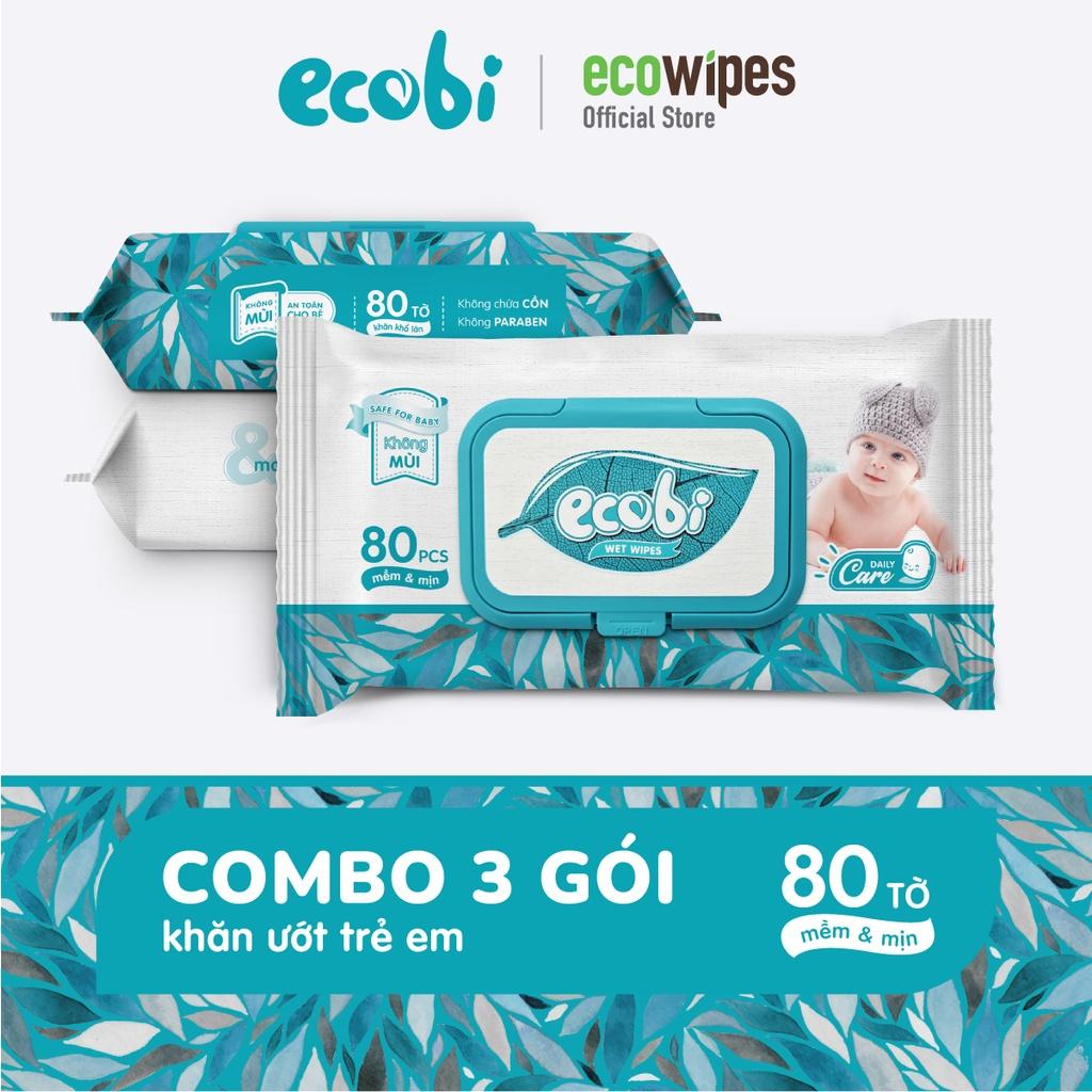 Combo 3 gói khăn ướt cho bé Ecobi 80 tờ không mùi không cồn không paraben an toàn cho trẻ sơ sinh