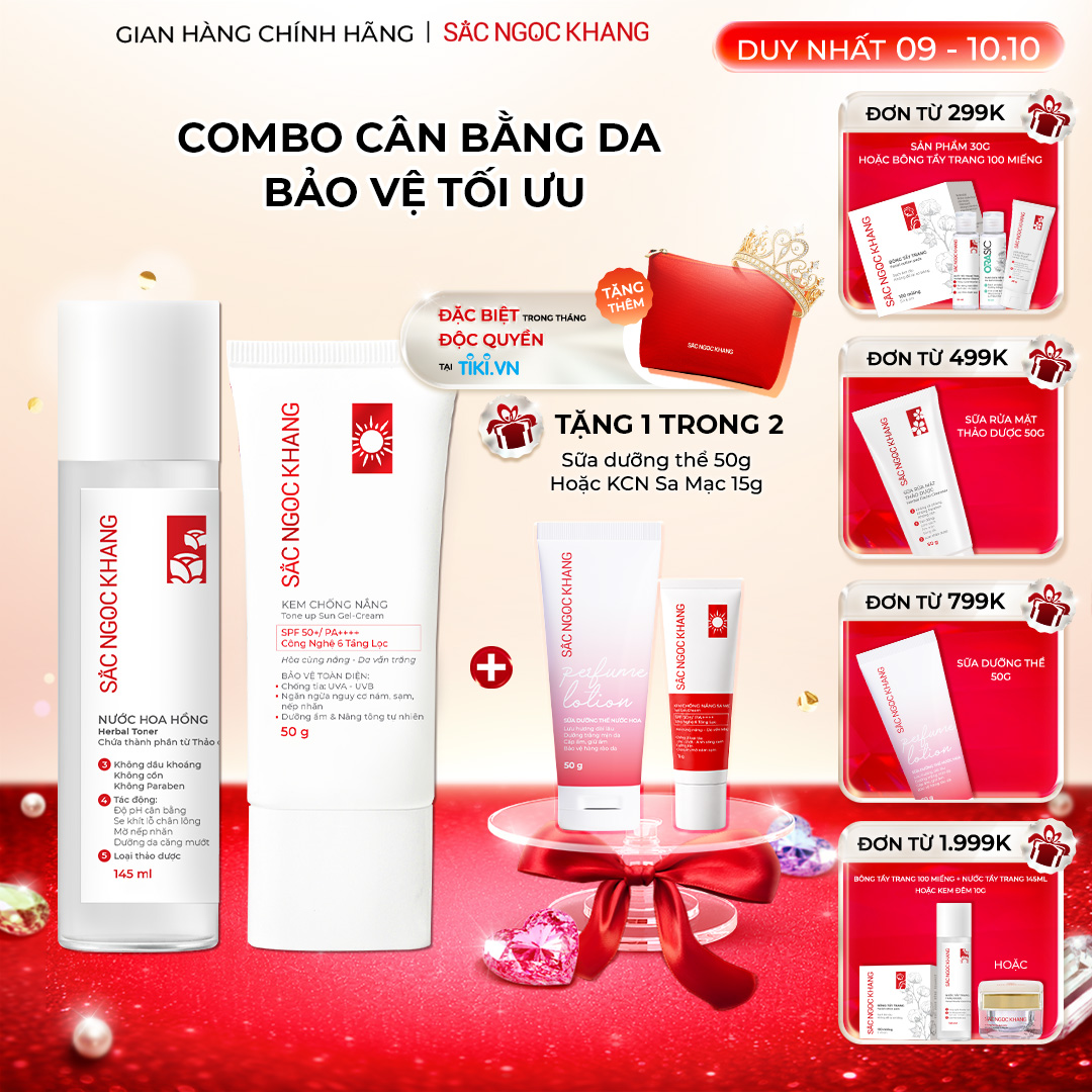 Bộ đôi dưỡng ẩm và bảo vệ da trước ánh nắng Sắc Ngọc Khang Nước hoa hồng 145ml  Kem chống nắng 50g