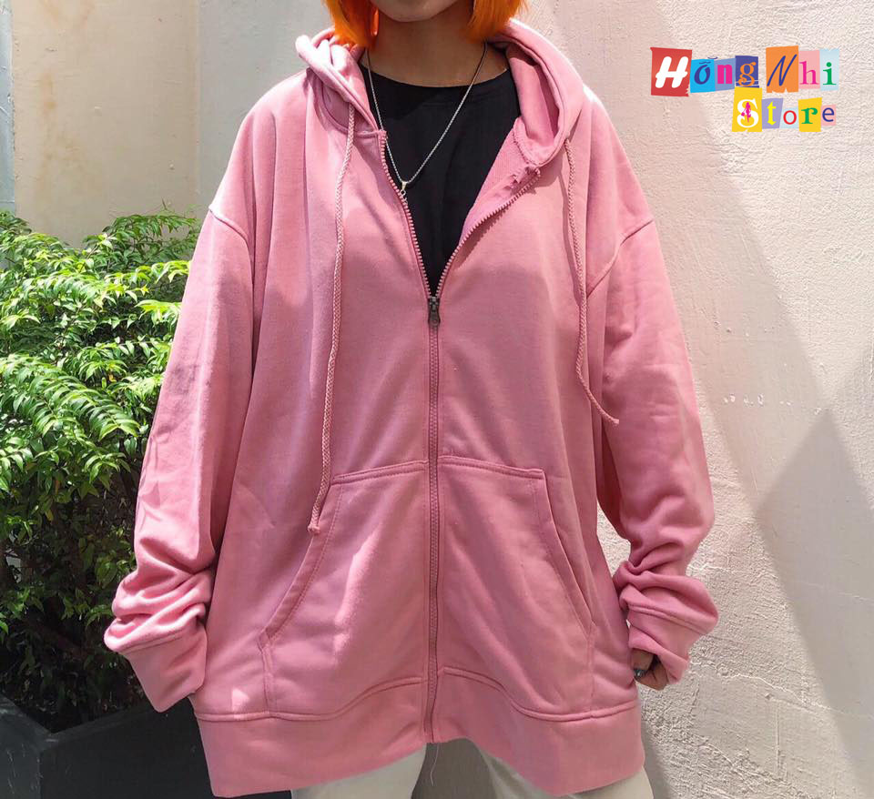 Áo Khoác Hoodie Zip Trơn Oversize Ulzzang Unisex Hoodie Dây Kéo Màu Hồng Ruốc Dáng Rộng - MM
