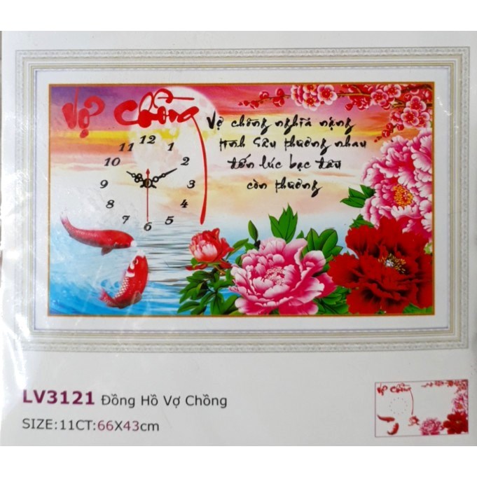 Tranh thêu chữ thập đồng hồ vợ chồng cá chép LV3121 - 66 x 43 cm - chưa thêu