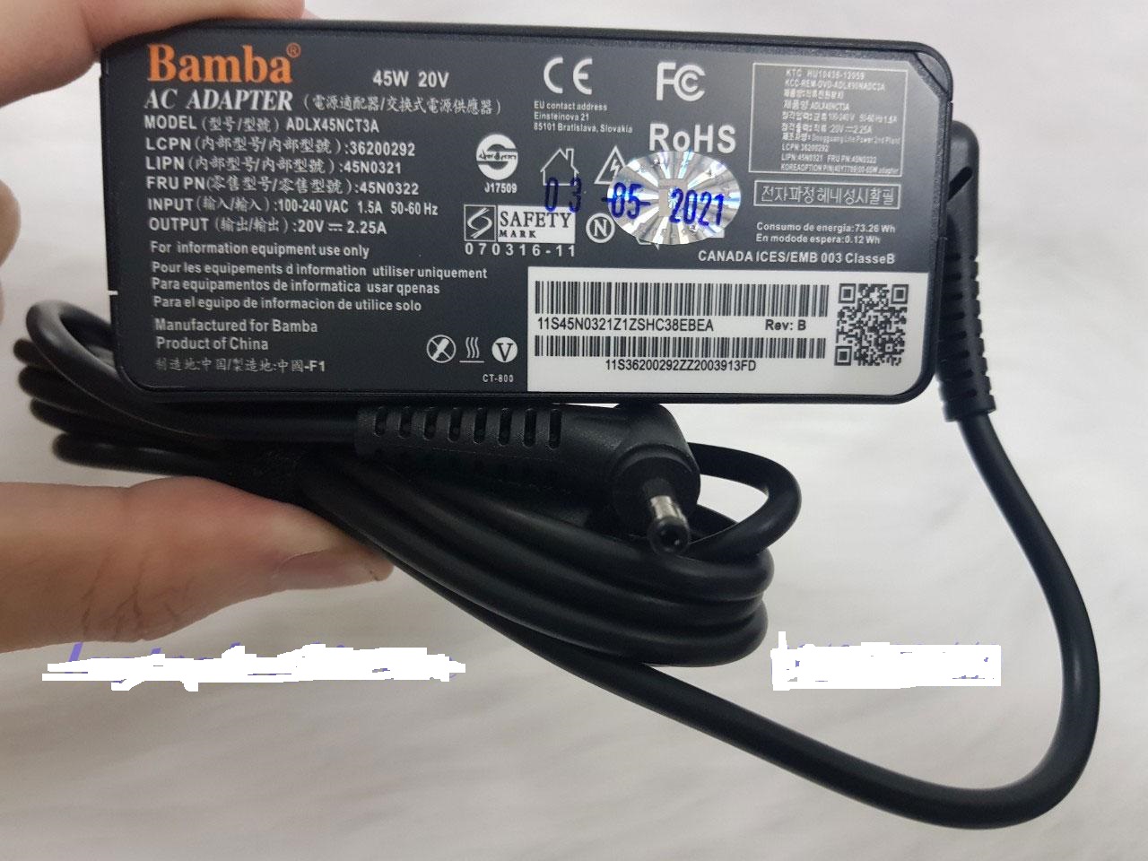 Sạc Laptop Lenovo 45w (20V - 2.25A) đầu đạn nhỏ, kích thước Size 4.0 x 1.7mm - Hàng chính hãng