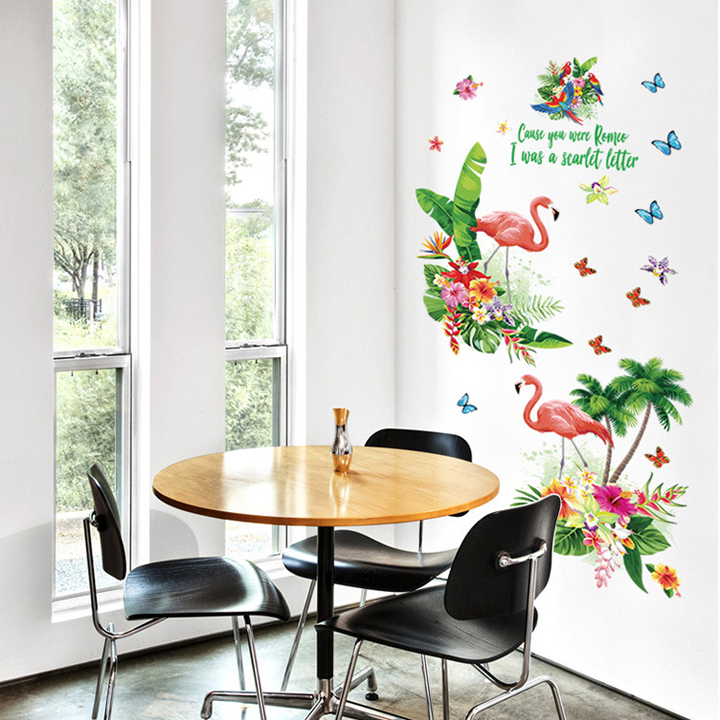 Decal dán tường chất liệu PVC loại 1 trang trí phòng khách- Đôi hạc lá xanh