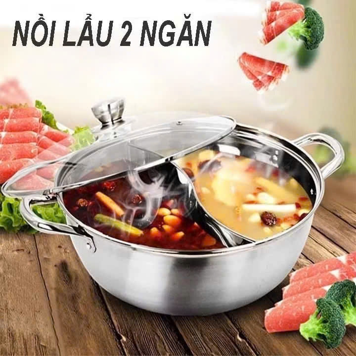 Nồi Lẩu Inox 2 Ngăn 30cm Nấu Được Bếp Từ và Bếp Gas, Có Nắp Kính Chất Lượng Cao - HÀNG CHÍNH HÃNG MINIIN