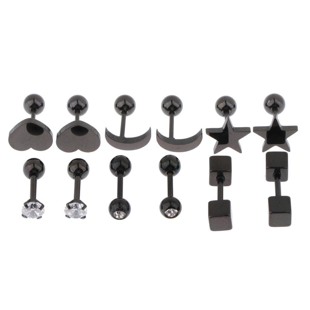 2X 6 Pairs Stainless Steel Ball Screw Back Earrings Star Heart Moon Stud Black