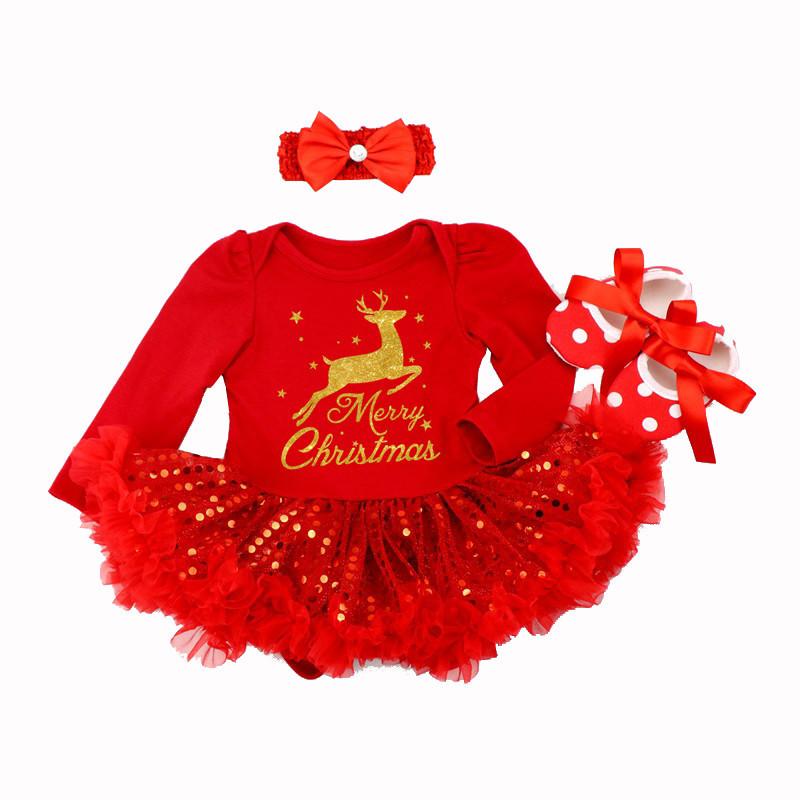 Giáng Sinh Đầu Tiên Sơ Sinh Bé Gái Nơ Romper Áo Liền Quần Áo Minni Đầm Bộ 3 Chiếc Bebe Quần Áo Trẻ Em Trẻ Sơ Sinh Đầm Cho cô Gái