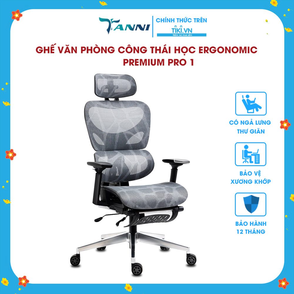 Ghế Xoay Văn Phòng Công Thái Học Châu Âu Cao Cấp Có Ngả Lưng TANNI Premium Pro 1, Ghế Xoay Ngồi Làm Việc Ergonomic Nhập Khẩu