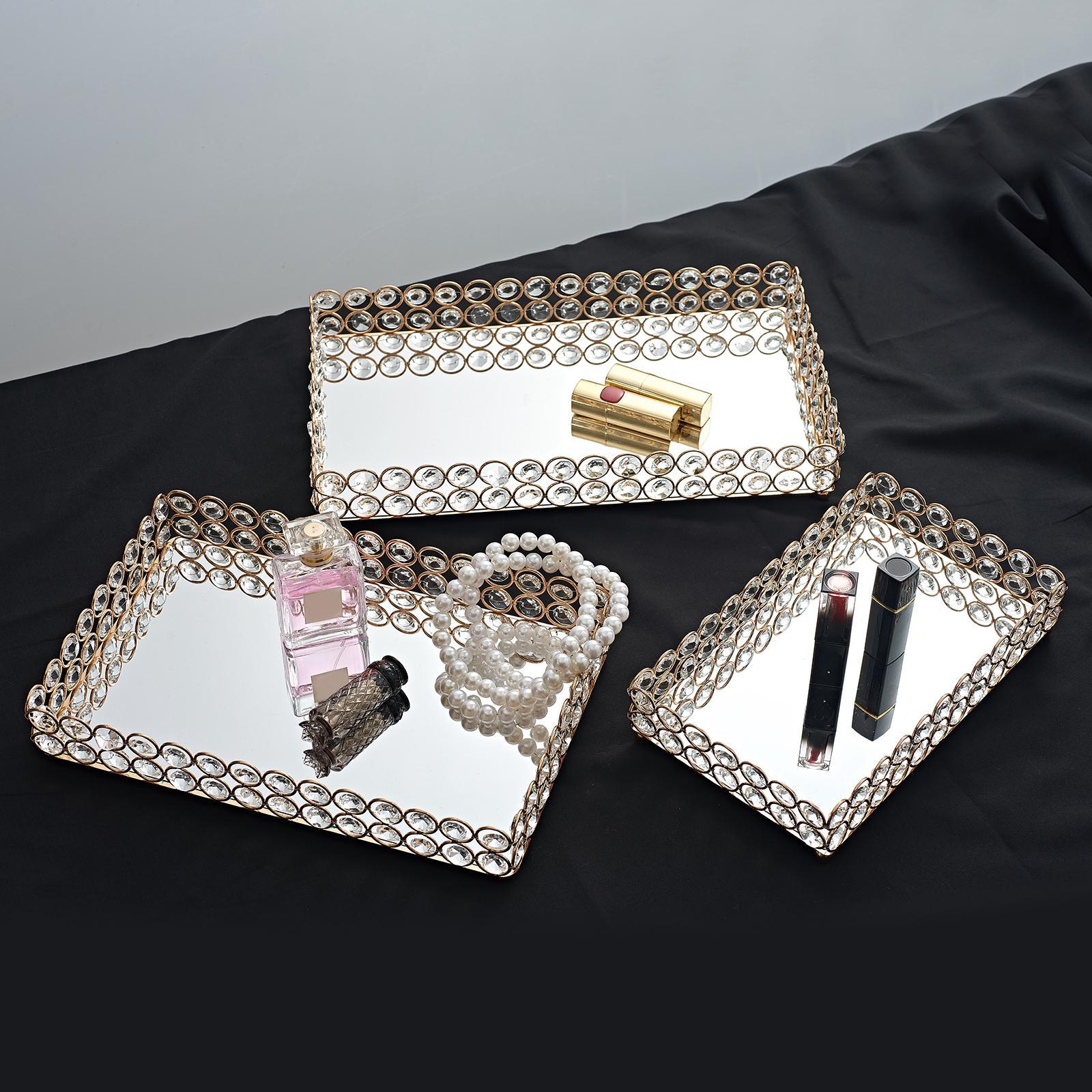 3 Size - Mirrored Tray Home Decor Crystal Vanity Makeup Perfume Jewelry Tray