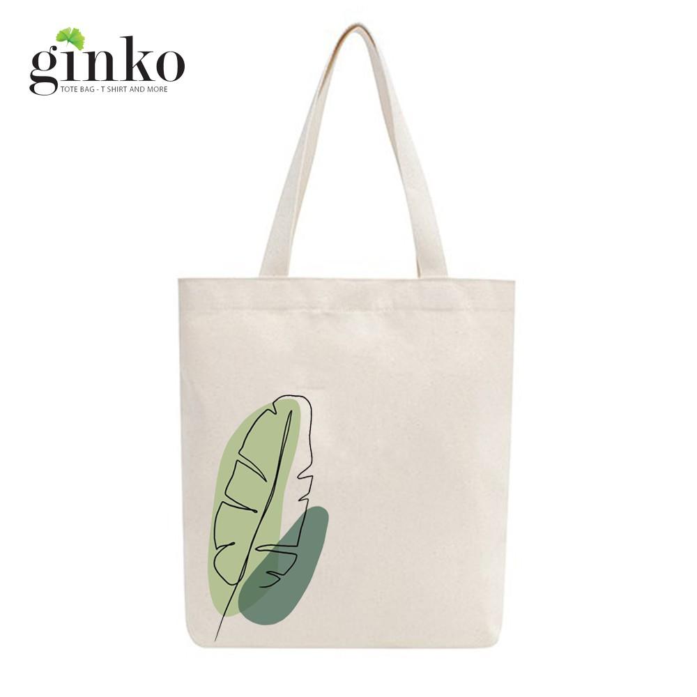 Túi Tote Vải Mộc Ginko kiểu basic có dây kéo khóa miệng túi đựng vừa laptop 14 inch và nhiều đồ dùng khác In Hình Banana Leaf M12