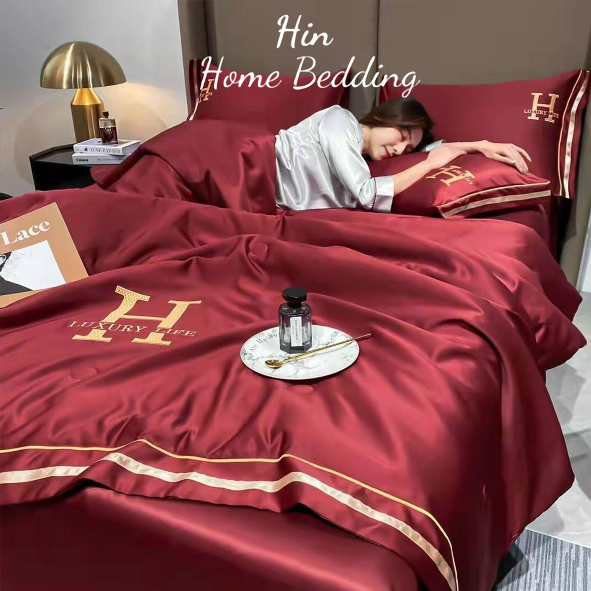 Bộ Chăn Ga Gối Đệm 5 Món Chăn Phao Lụa Thái Hin Home Bedding Drap Giường Lụa Mẫu Đỏ
