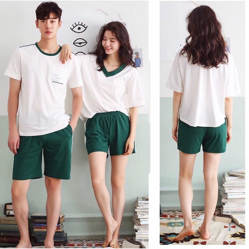 Bộ mặc nhà nữ thun cotton cổ chữ V trắng xanh