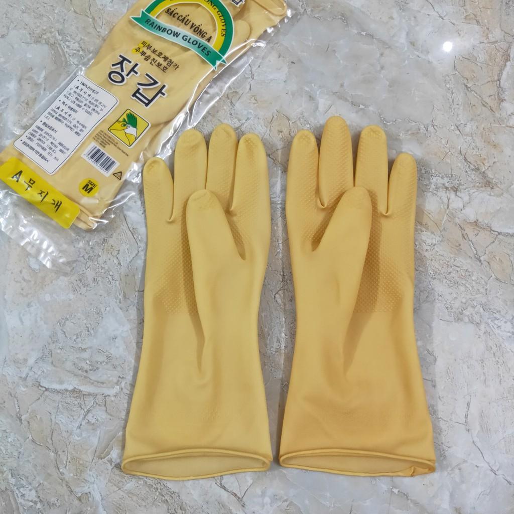 Găng tay chất liệu cao su chống nước dùng Rửa chén hoặc Giặt quần áo Rửa xe màu vàng dài 28cm