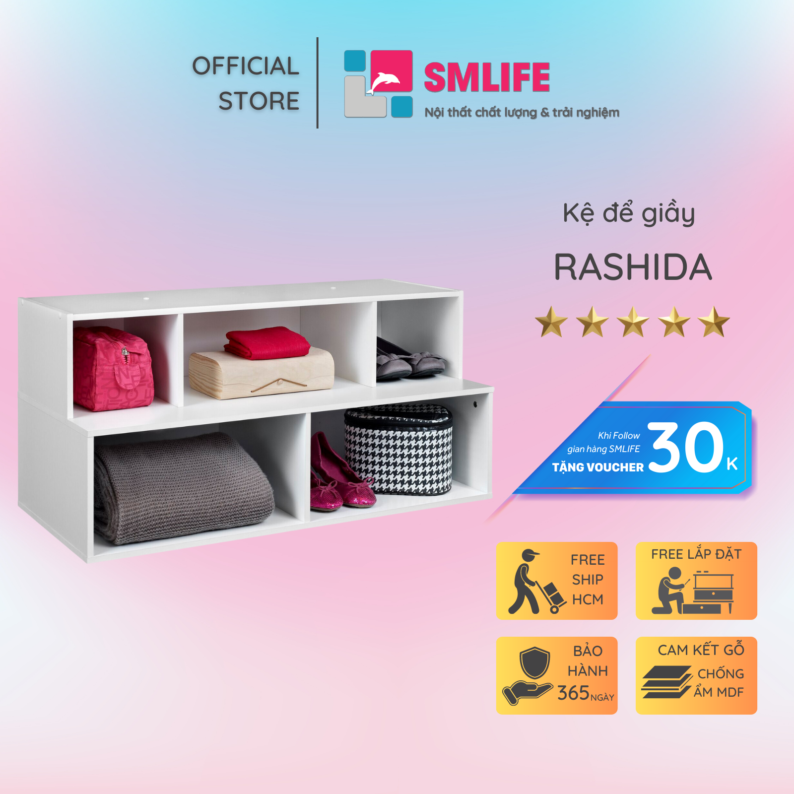 Kệ gỗ để giày hiện đại SMLIFE Rashida | Gỗ MDF dày 17mm chống ẩm | D100xR40xC45cm