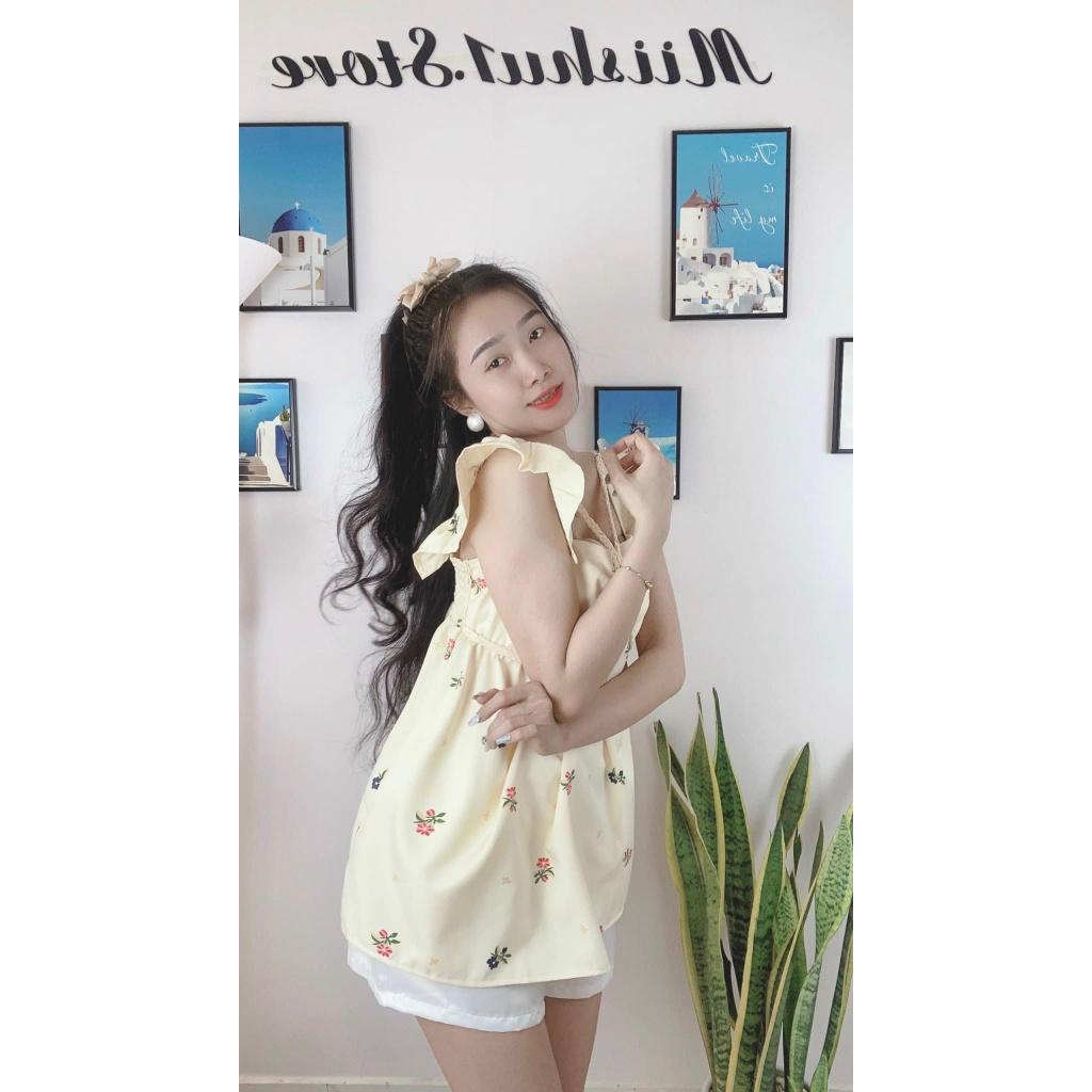 Set bộ nữ,Set bộ đùi quần ống rộng mix áo tay bèo mặc nhà, dạo phố siêu dễ thương