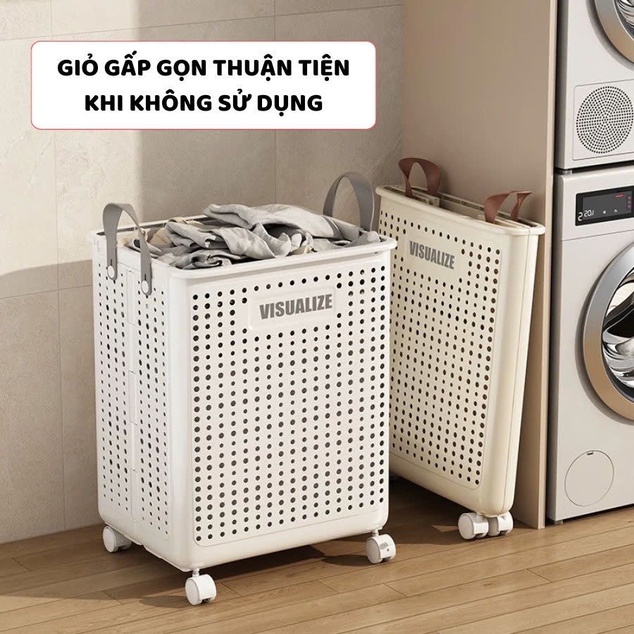 Giỏ Đựng Quần Áo Bẩn VISUALIZE , Giỏ Nhựa Đựng Đồ Có Bánh Xe, Quai Da Chắc Chắn, Có Thể Gấp Gọn - Hàng chính hãng