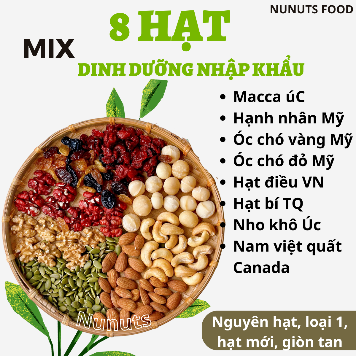 Hạt dinh dưỡng nhập khẩu mix 8 loại hạt dành cho bà bầu hết nghén con thông minh có loại sấy giòn và nướng mật ong