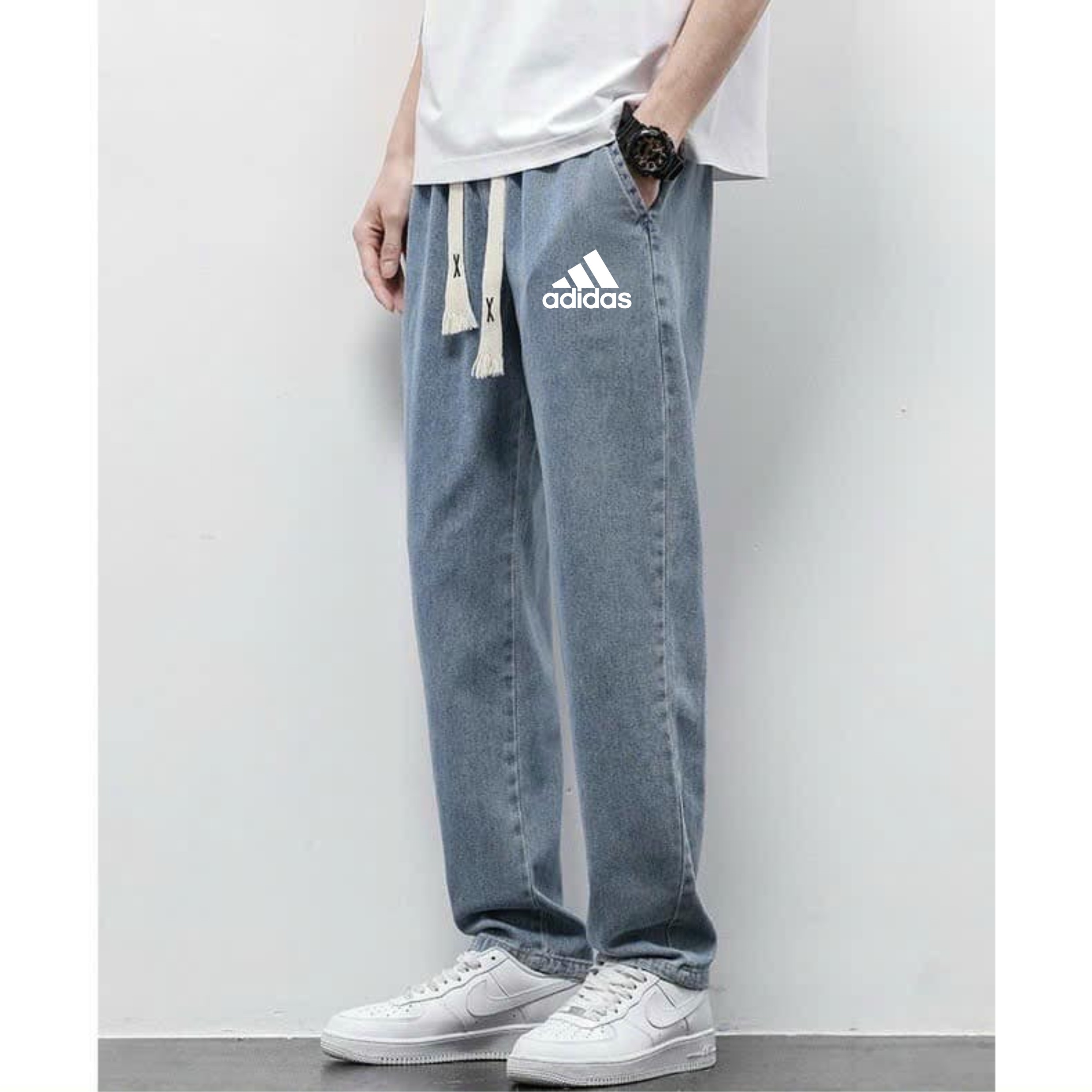 Quần baggy jean nam ống rộng lưng thun in chữ