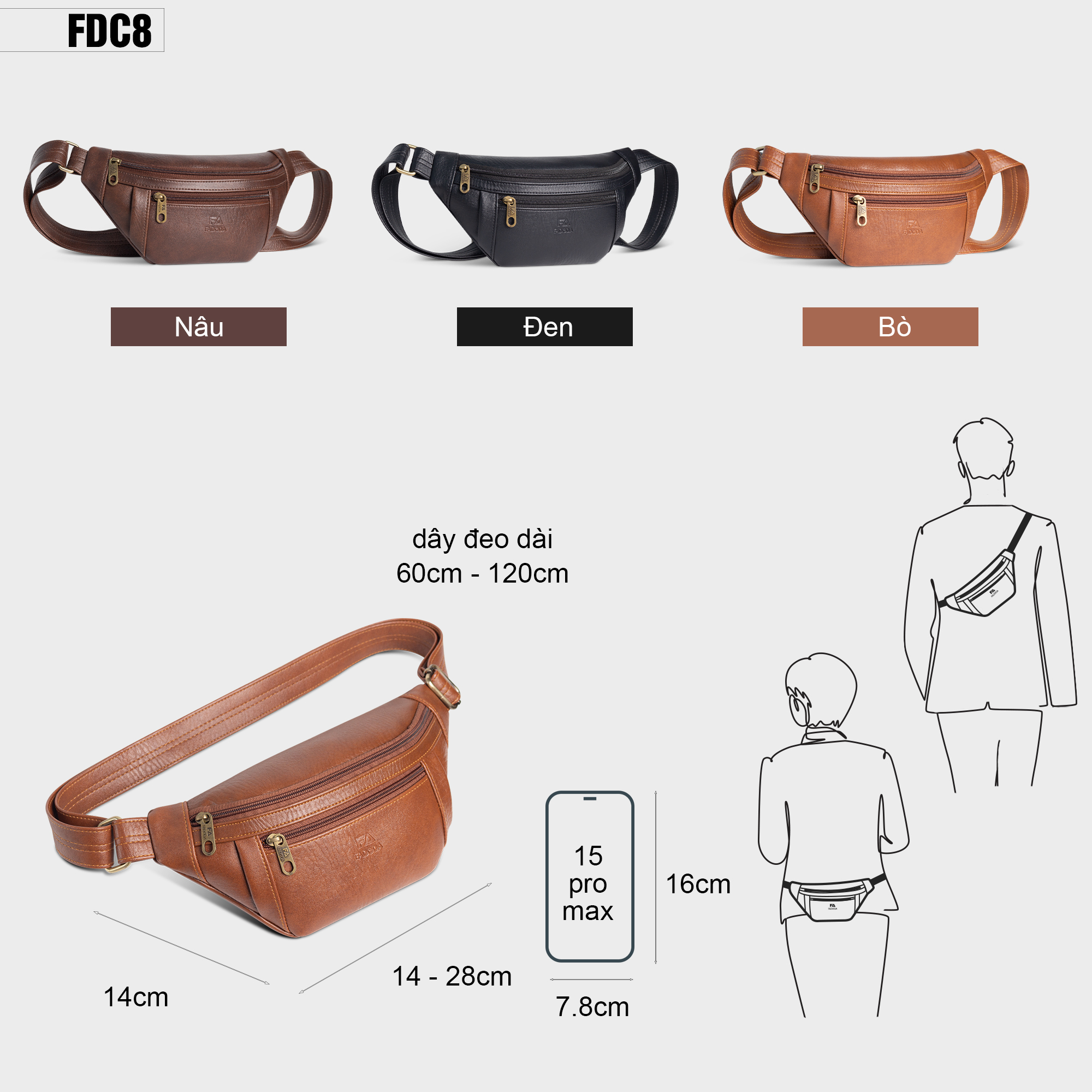 Túi đeo chéo bao tử thời trang unisex FADODA FDC8