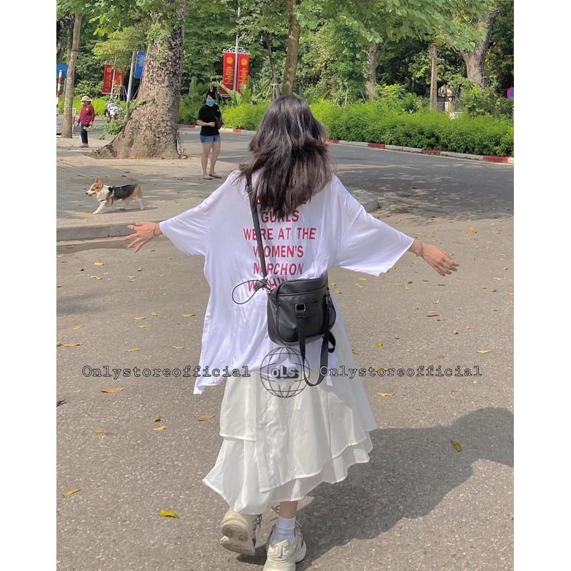 Áo xẻ tà oversize và chân váy tà lệch