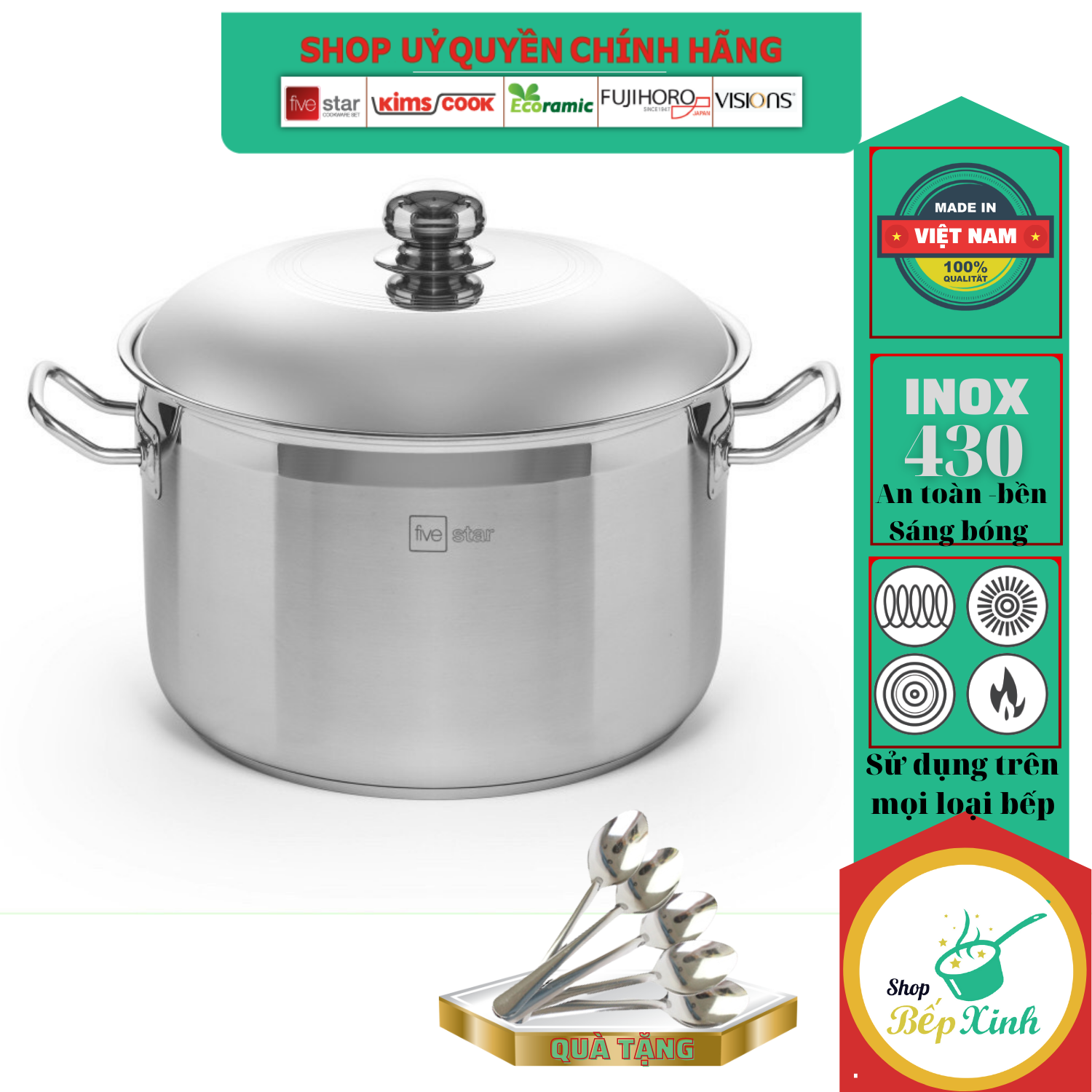 Nồi Inox 430 Bếp Từ 3 Đáy Fivestar (36 cm) Nắp Inox + Tặng 5 Muỗng Ăn Inox Cao Cấp