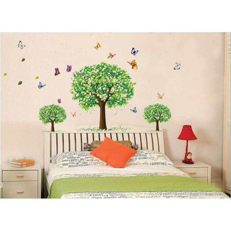 Decal trang trí tường 3 thân cây lớn có Hoa cùng Bướm xinh