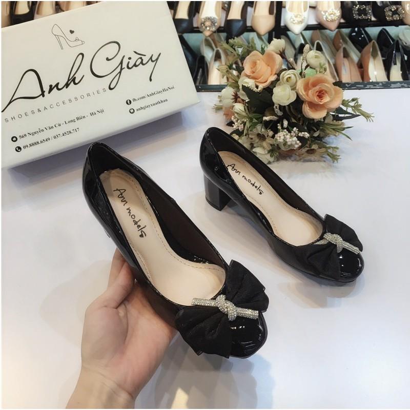 CG47 -Giày cao gót mũi vuông gót trụ 5p da bóng đính nơ voan lụa cực xinh