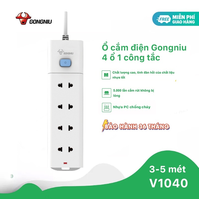 Ổ Cắm Điện Gongniu Đa Năng 4 Ổ 1 Công Tắc – Công Suất 10A/250/2500W – Trắng – Chính Hãng (V1040)