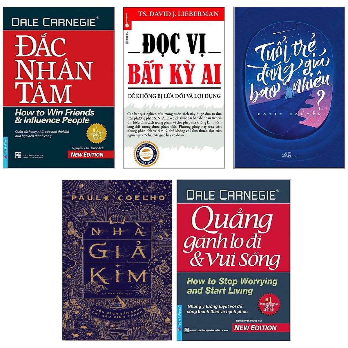 Sách - Combo: Đắc nhân tâm + Quẳng gánh lo đi và vui sống + Đọc vị bất kỳ ai + Nhà giả kim + Tuổi trẻ đáng giá bao nhiêu
