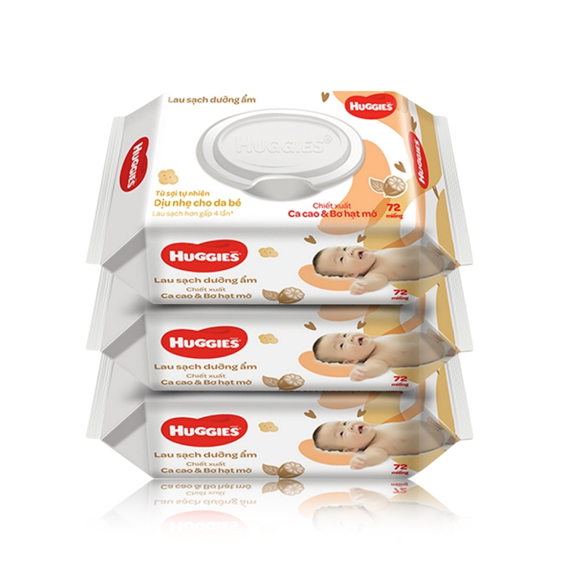 Combo 3 Gói Khăn giấy ướt cho trẻ sơ sinh HUGGIES [Gói 72 tờ] - Chiết xuất Ca cao &amp; Bơ hạt mỡ