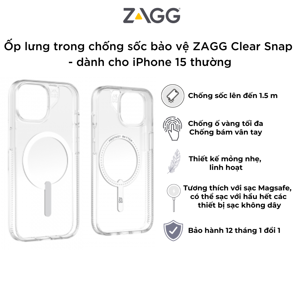 Ốp lưng trong chống sốc bảo vệ ZAGG ESNTL Clear / Clear Snap cho iPhone 15 Series - chống sốc 1.5M - bảo hành 1 năm- Hàng chính hãng