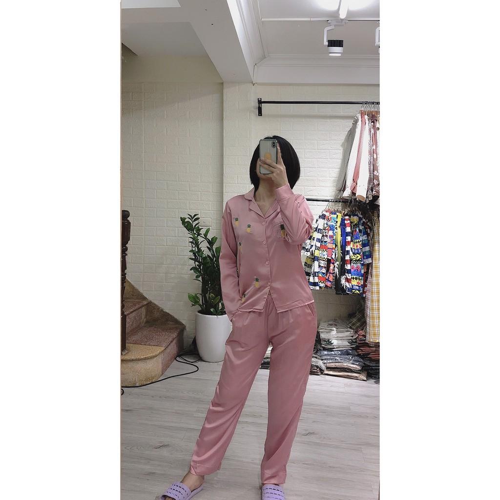 Bộ ngủ lụa Pijama mặc ở nhà họa tiết dứa nhí chất lụa Satin ( Ảnh chụp thật 100%)