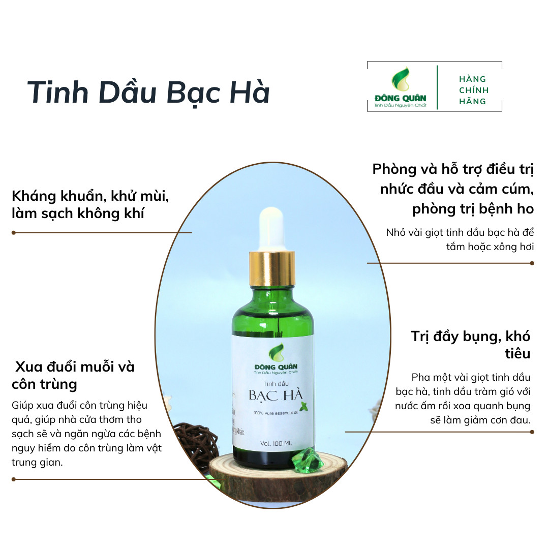 Tinh Dầu Xông Phòng Bạc Hà Nguyên Chất Đông Quân Có Tác Dụng Làm Thơm, Khử Mùi Hôi, Sảng Khoái Tinh Thần, Chống Say Xe 100ml/lọ