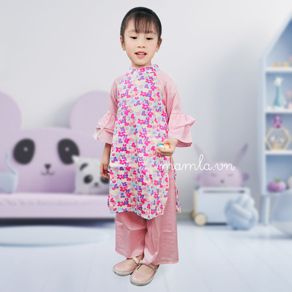 Set áo dài bé gái màu hồng hoạ tiết hoa và chú thỏ đáng yêu kèm quần MamLa