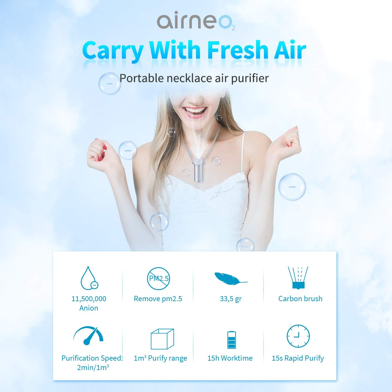 Máy lọc không khí dạng đeo cổ Thiết Bị Lọc Không Khí Cầm Tay Ion Âm, Khử Trùng Chống Vi Khuẩn PM2.5 Formaldehyde