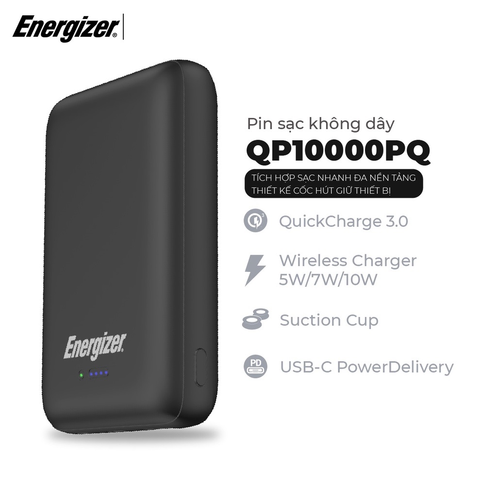 Pin Sạc Dự Phòng Không Dây Energizer QP10000PQ 10000mAh - Tích Hợp Sạc Nhanh Đa Nền Tảng PD/QC 3.0 - Thiết Kế Cốc Hút Giữ Thiết Bị - Hàng Chính Hãng