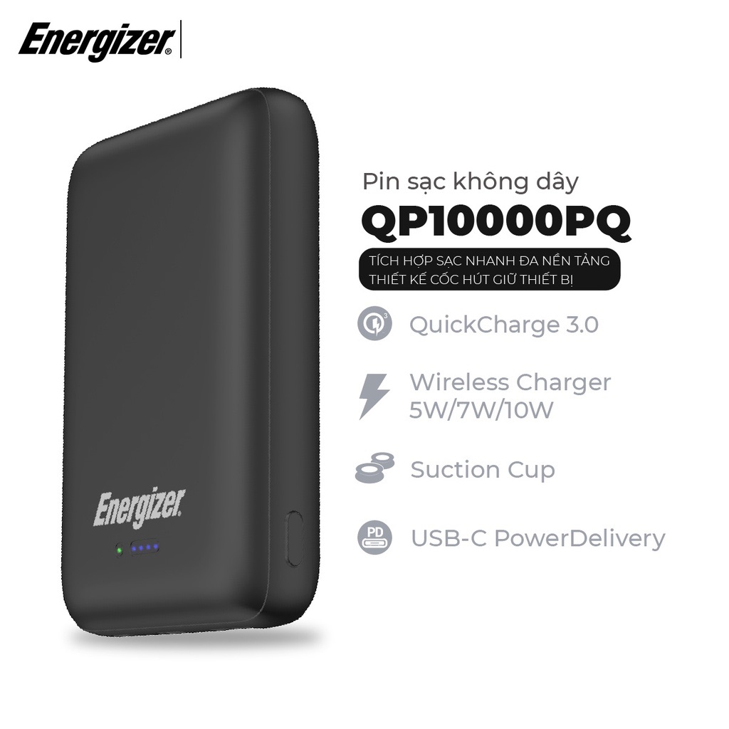 Pin Sạc Dự Phòng Energizer QP10000PQ 10.000mAh - Tích Hợp Sạc Nhanh Đa Nền Tảng - Sạc Không Dây - Thiết Kế Cốc Hút Giữ Thiết Bị - Hàng Chính Hãng