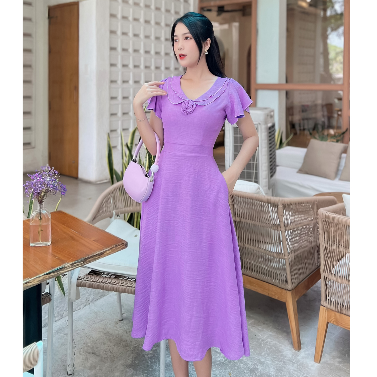 Hình ảnh [HCM] Đầm xòe 2 lá cổ gắn hoa dễ thương D087 - Khánh Linh Style - Ladyfashion