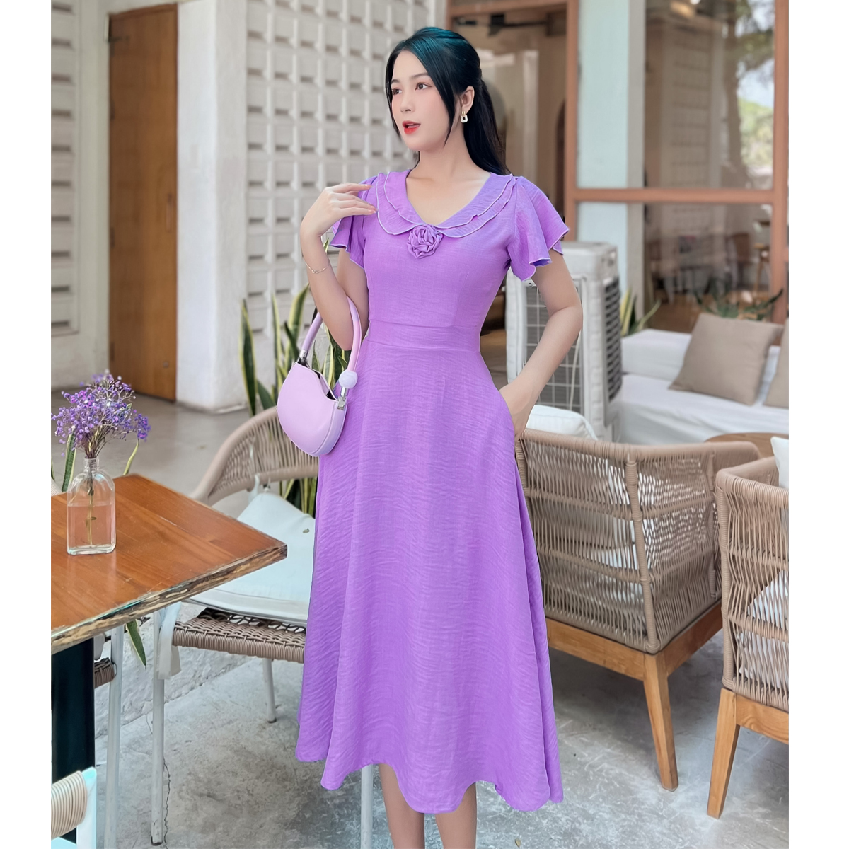 Đầm xòe 2 lá cổ gắn hoa dễ thương D087 - Khánh Linh Style - Ladyfashion