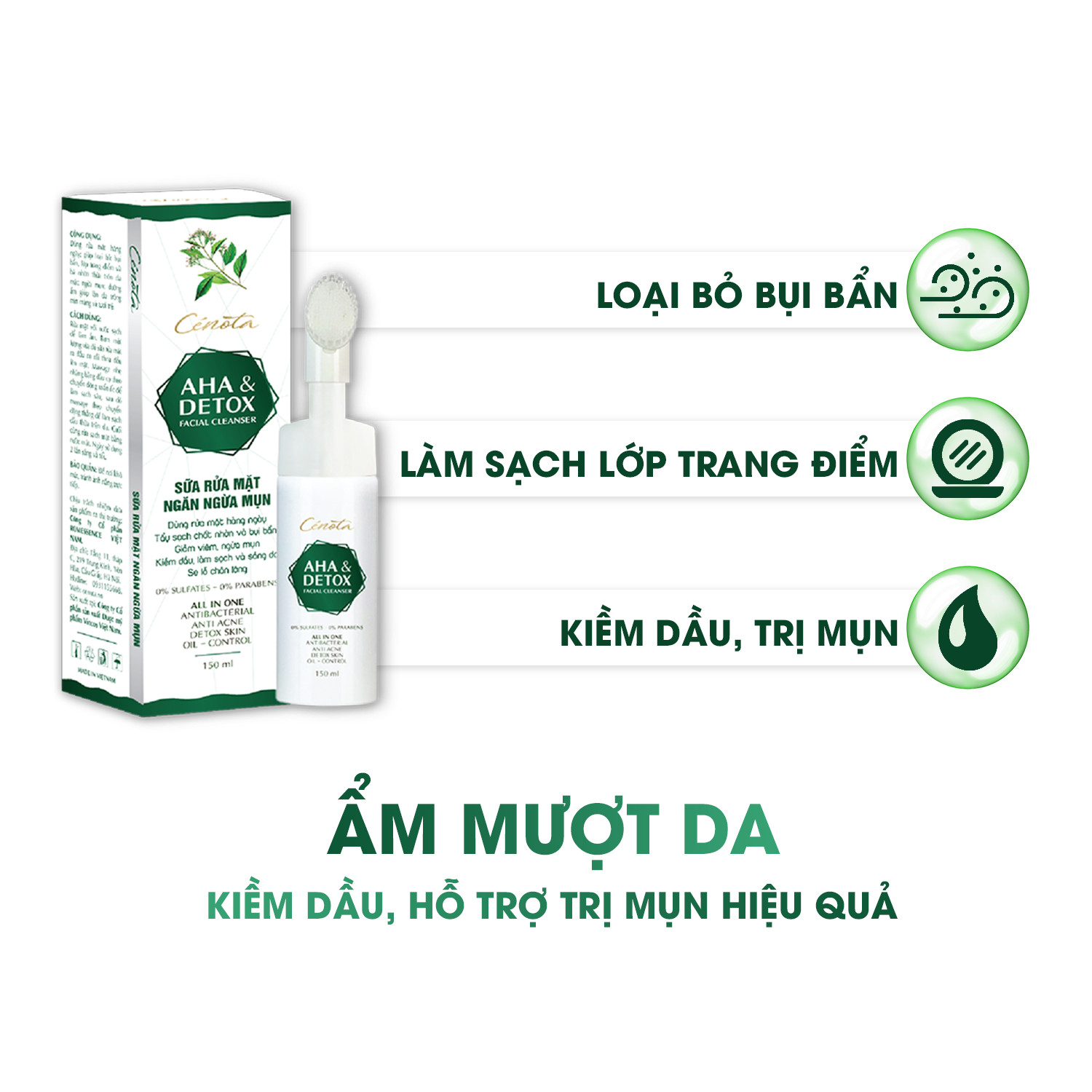 Sữa rửa mặt Ngừa Mụn Cenota AHA Detox 150ml Sạch Sâu Kiềm Dầu Lành Tính