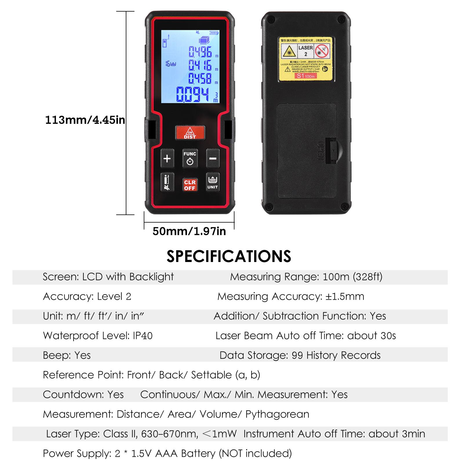 100m Laser Measure LCD Digital Laser Distance Meter Mini Range Finder Distance/ Area/ Volume/ Pythagorean Measuring Tool with Unit Change, Datum Mark Switch, Countdown, History Records