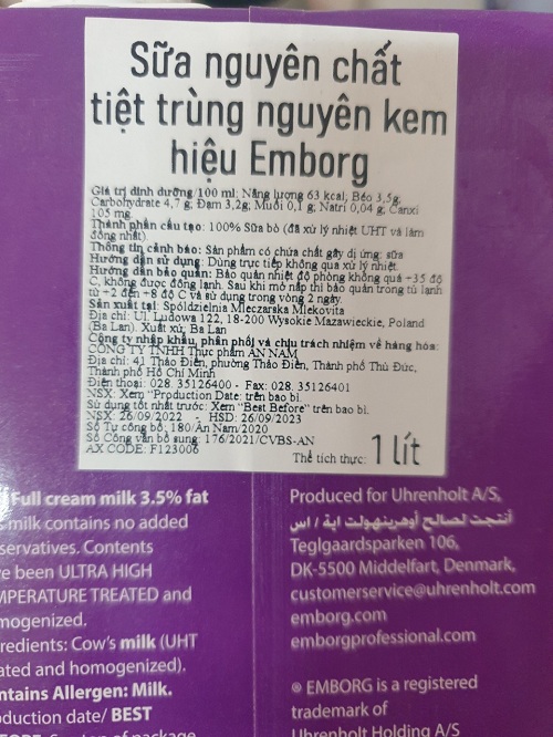 Sữa Tươi Nguyên Chất Tiệt Trùng Nguyên Kem hiệu Emborg (1L)